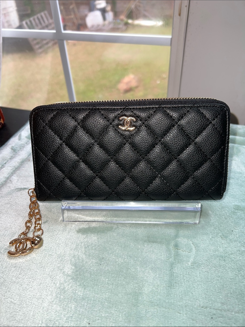 CHANEL Black Quilted Zip Wallet with Gold Chain Charm